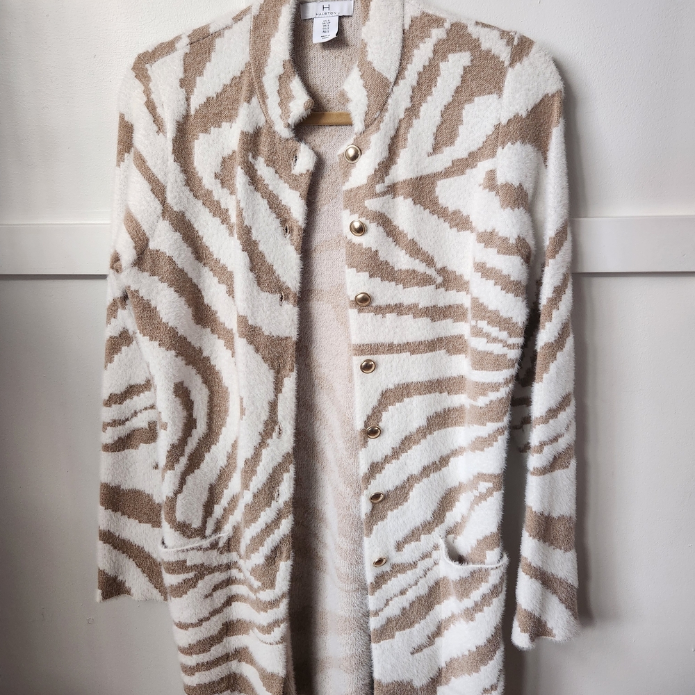 Halston Heritage Cream and Tan Patterned Cardigan